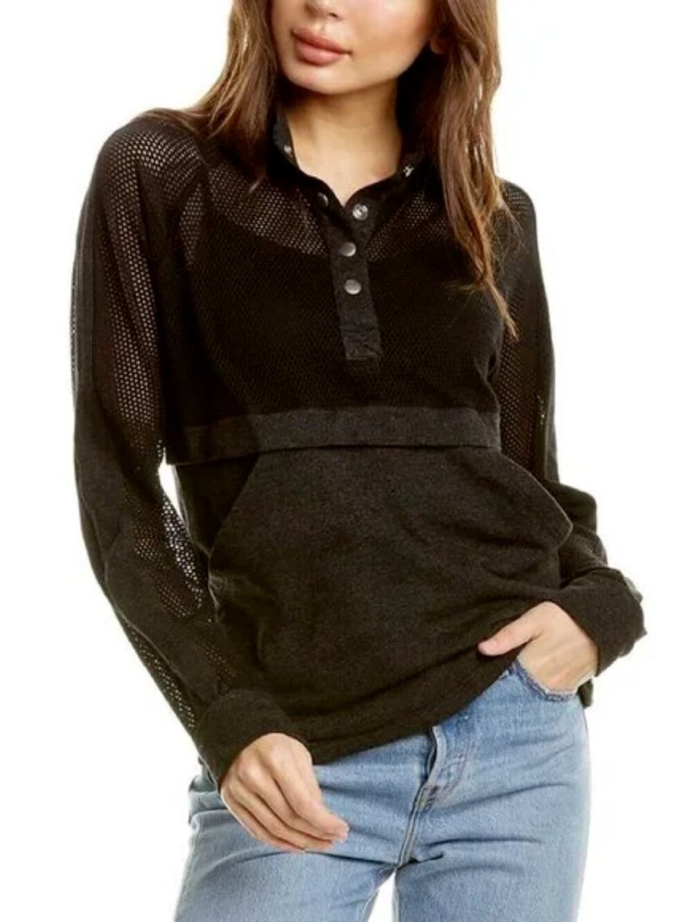 Monrow Mesh Sleeve Snap Button Sweatshirt Mixed Media Size S